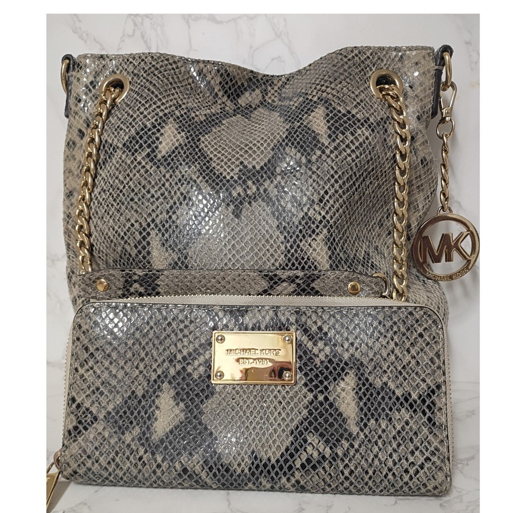 MICHAEL KORS Jet Set Angora Snake Chain Shoulder Tote & Matching Wallet - EUC